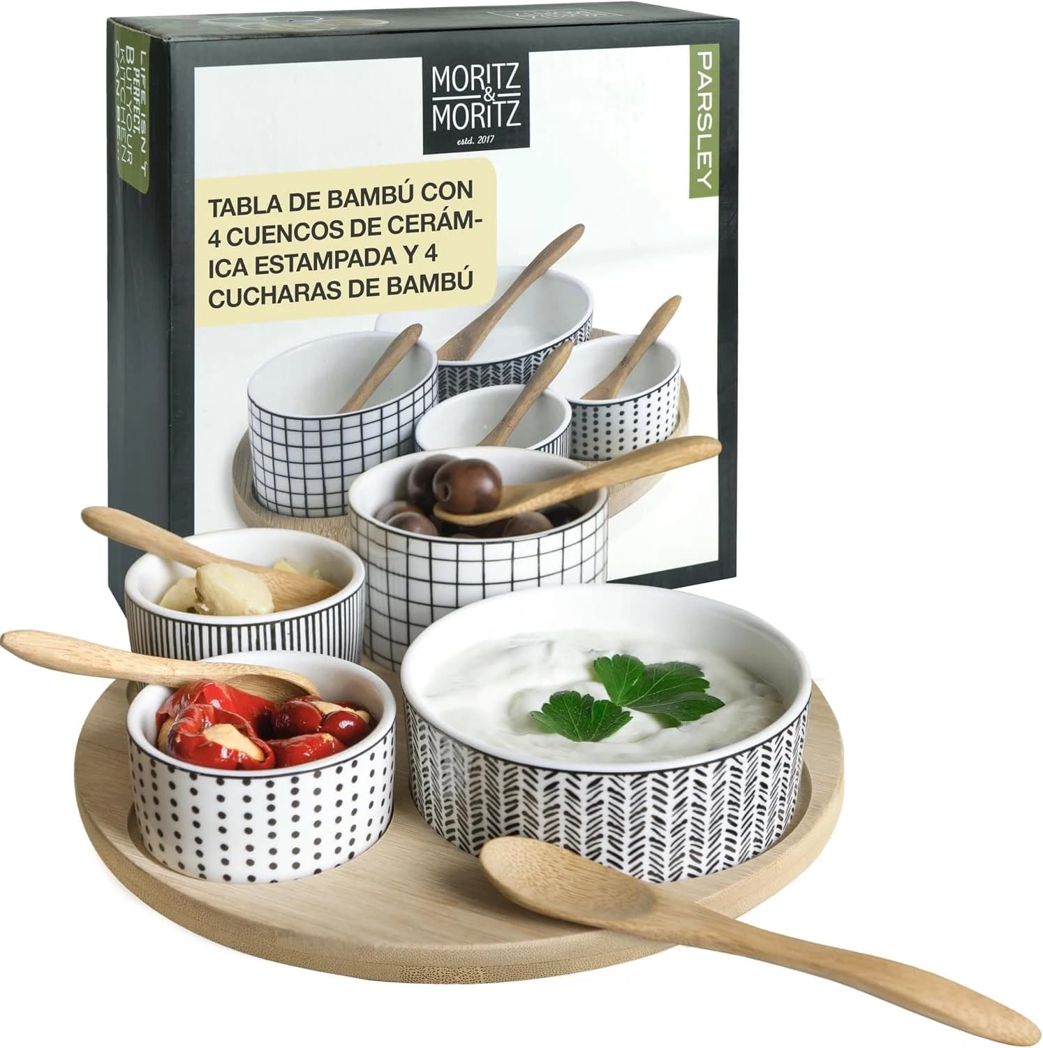 Moritz & Moritz Juego de Servir Parsley de 9 Piezas - Cuencos de Ceramica, Bandeja de Pizarra Cucharas de Bambu - Para Salsas Snacks Entrantes Postres