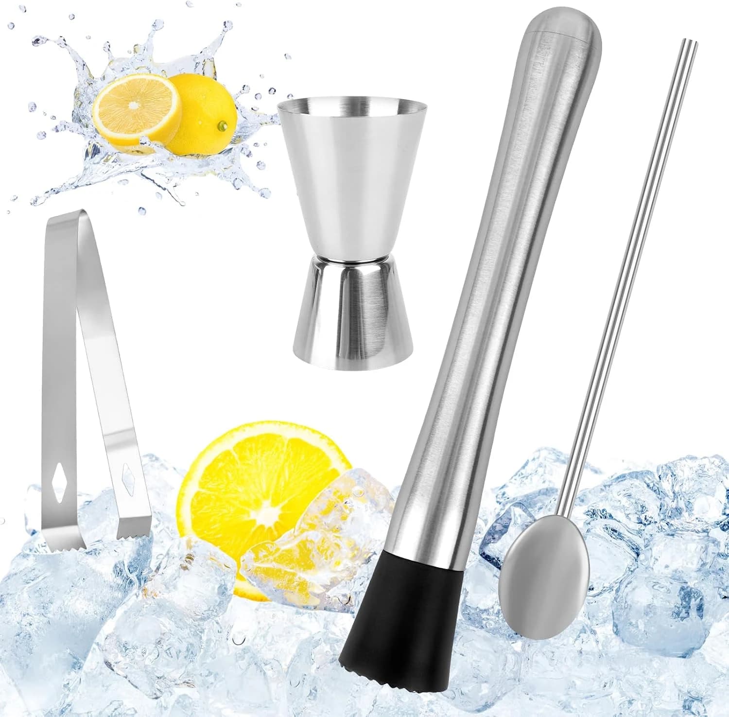 Mortero de cóctel de acero inoxidable con cuchara de cóctel, juego de barman, trituradora de mojito, trituradora de hielo, apisonadora, mortero de cóctel, coctel, coctelera con vaso medidor