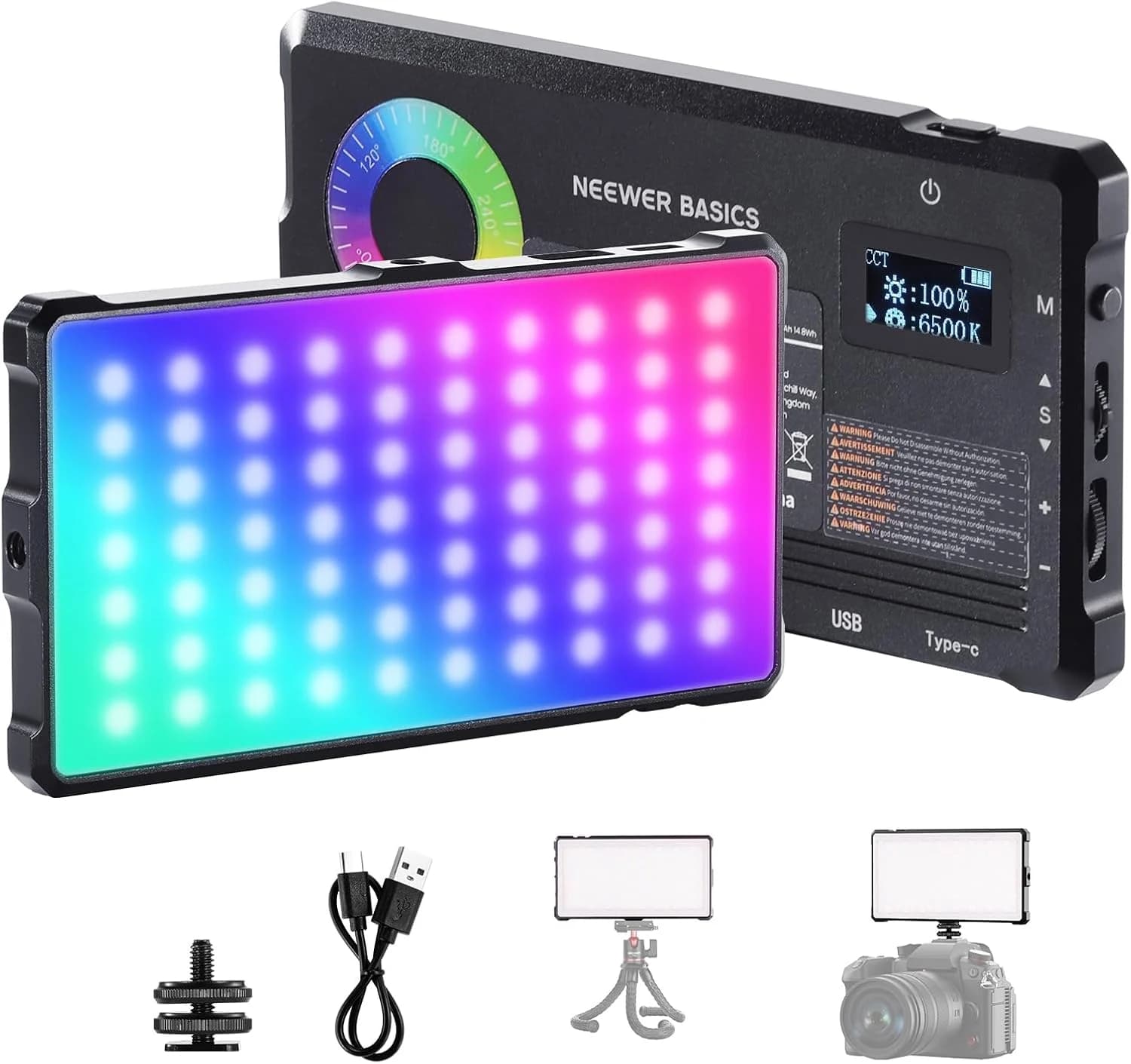 NEEWER Basics Luz Video RGB Foco Cámara, 9W 2700K-7500K Portátil Colores RGB Completos, 17 Escenas CRI97 4000mAh Recargable Panel LED Metal para Cámaras DSLR Trípode Grabación Video Streaming, SL90C