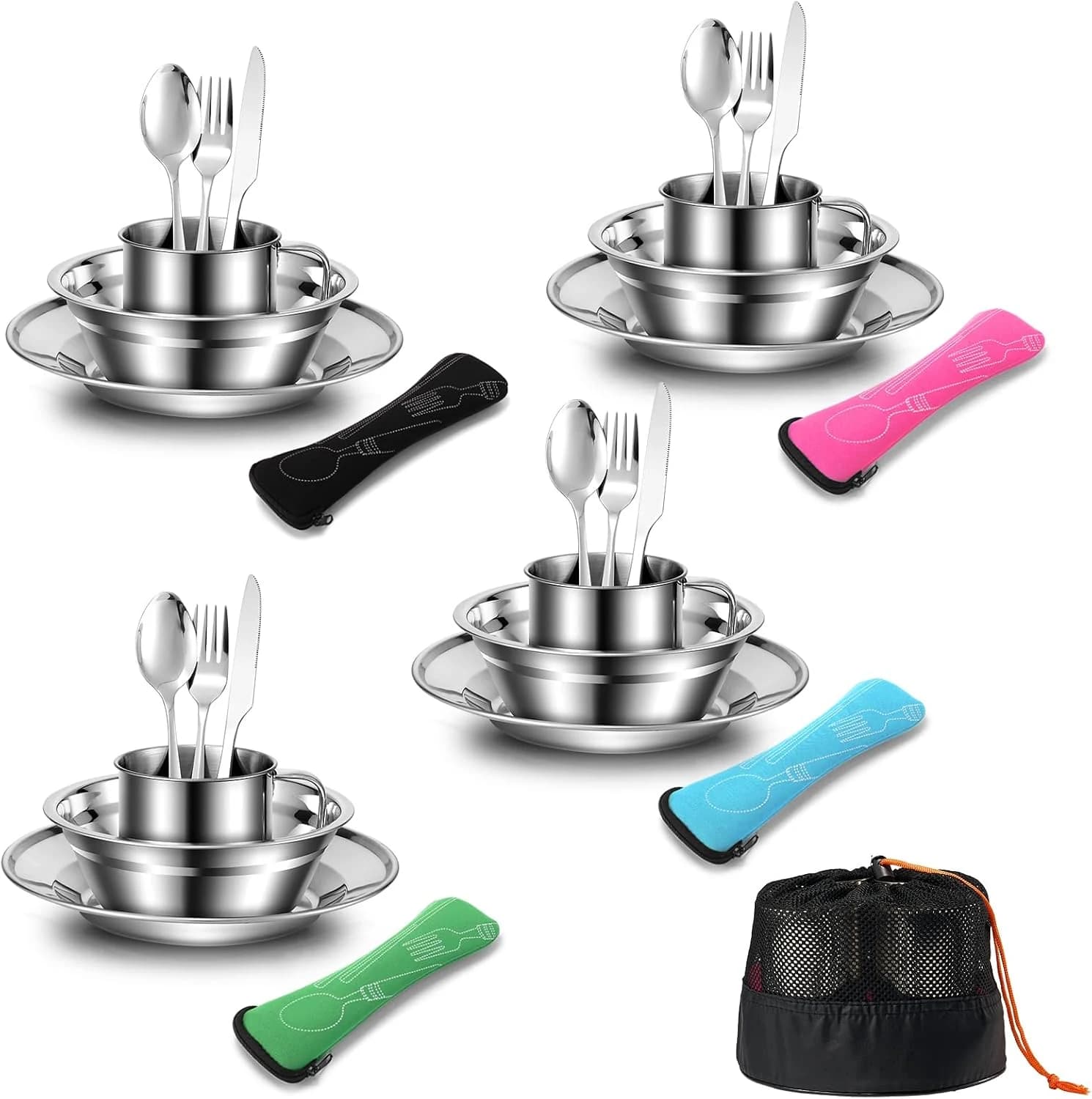 Odoland Vajilla de Acero Inoxidable 29-en-1, Cubiertos y Platos Kit de Picnic con Placa Tazon Tenedor Cuchara Cuchillo y Bolsa de Red, Kits de Vajilla para 4 Persona, Kit de Picnic Camping Viajes