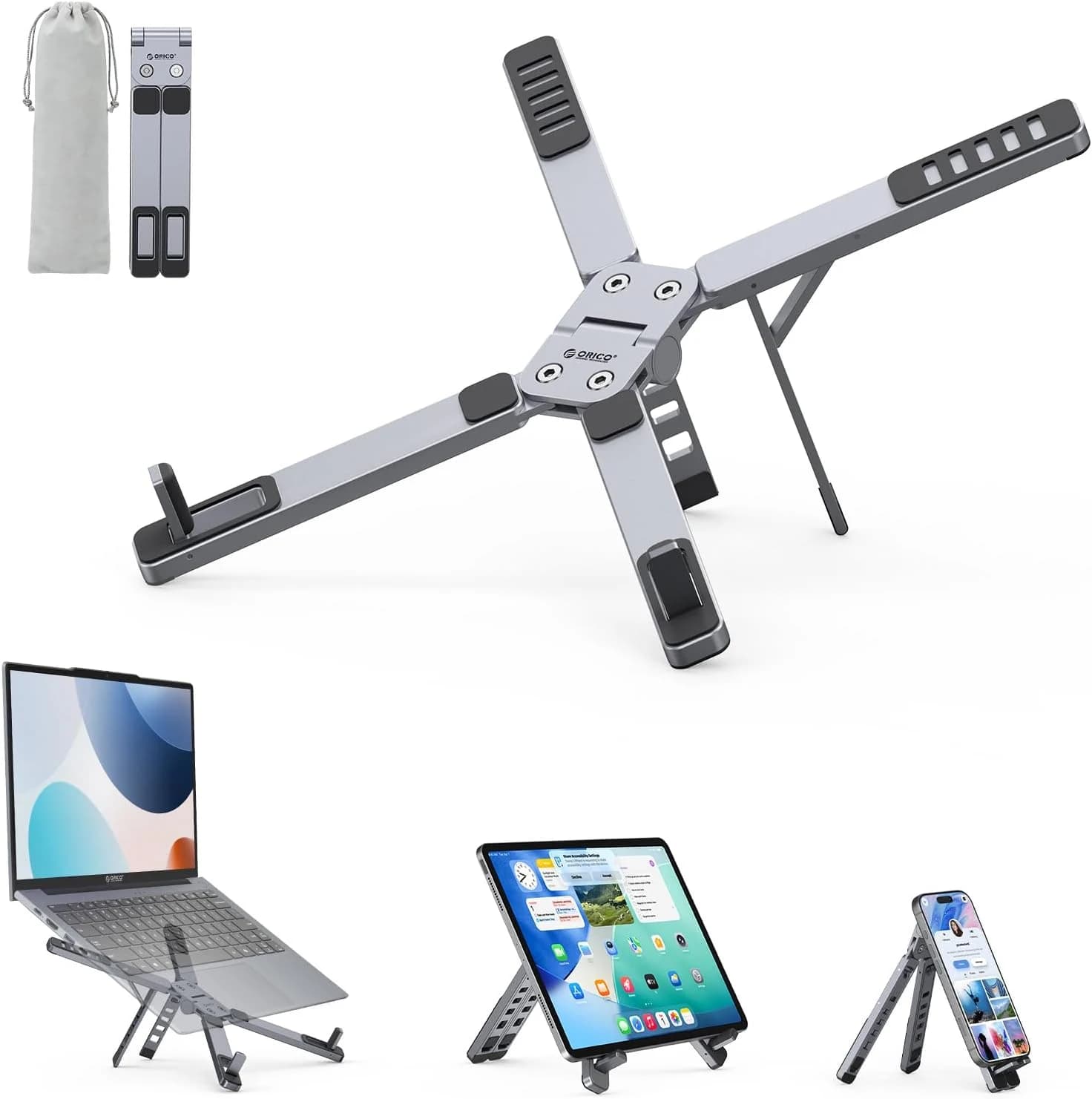 ORICO Soporte Portátil para Viaje y Escritorio, Aluminio Ligero Plegable 3 en 1 para Laptop, Tablet y Movil, 5 Alturas Ajustables, Laptop Stand para MacBook/HP/DELL/iPad/iPhone hasta 17" – PN1, Gris