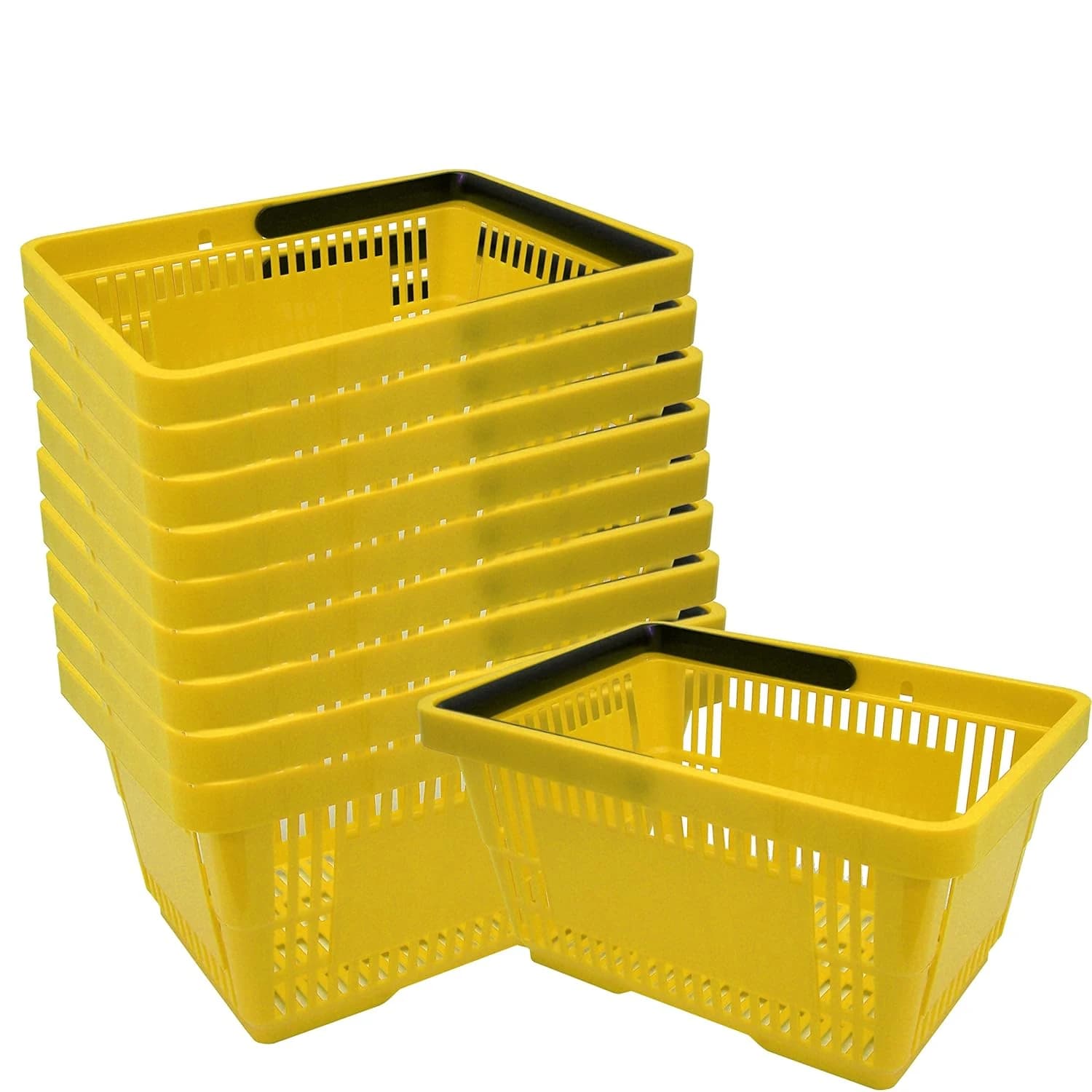 Pack de 10 Cestas de Compra de Plástico Amarillo – 22 L, Apilables, con Asa, Resistentes hasta 20 kg, para Tiendas y Supermercados