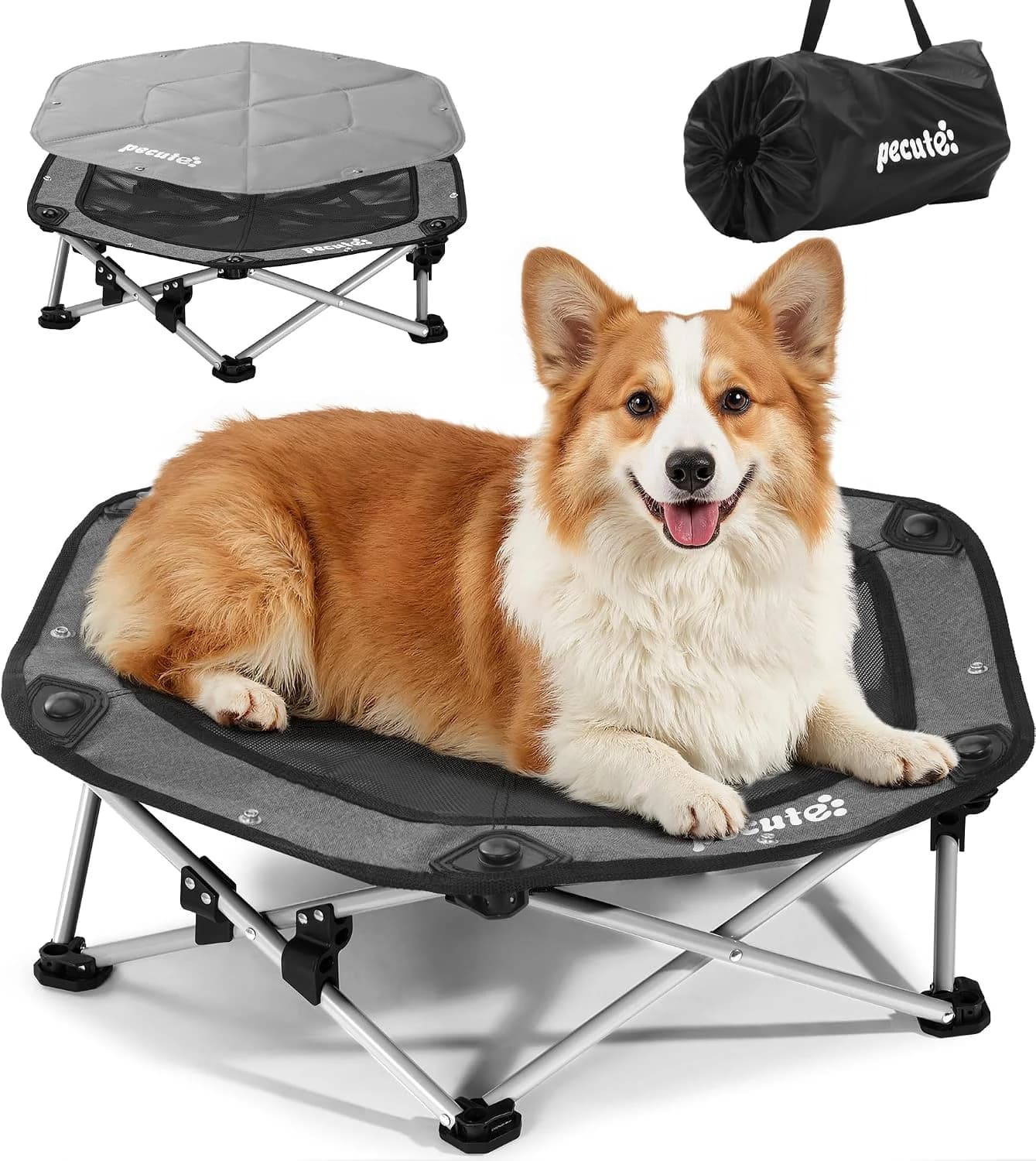 Pecute Cama Elevada para Perros Medianos con Manta Refrescante, Sin Montaje, Apto para Gatos y Perros, Plegable para Interior y Camping, Tamaño L, Soporta hasta 60kg, Gris