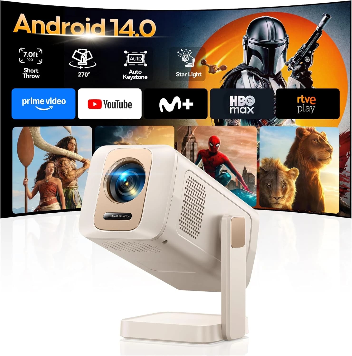 Proyector Portátil【Android 14.0/App Integrada】 Mini Proyector Inteligente, Corrección Trapezoidal Automática, WiFi 6 Bluetooth 5.4, Giro 270°, Control por App, Projector Portable Cine en Casa