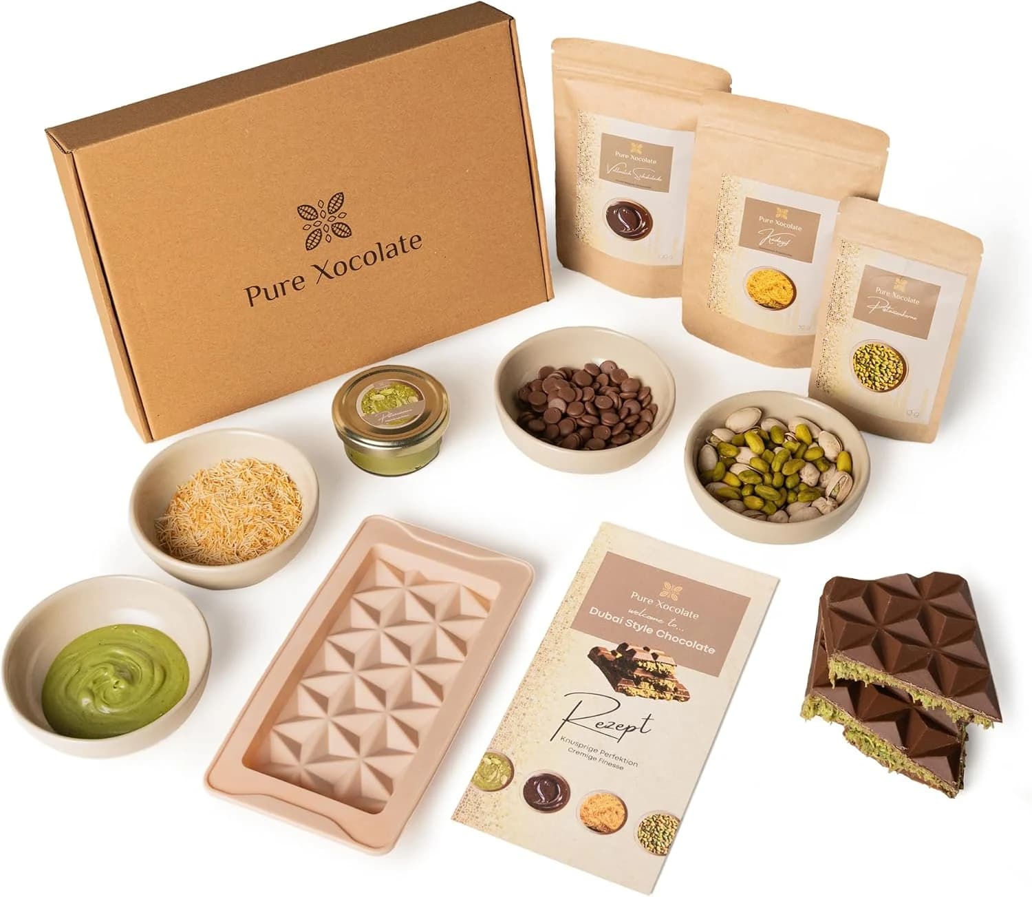 Pure Xocolate Kit de chocolate Dubai DIY – Caja de regalo con chocolate belga, crema de pistacho y pelo de ángel (kadayif) – Incluye molde de silicona – chocolate de lujo para hacer tú mismo