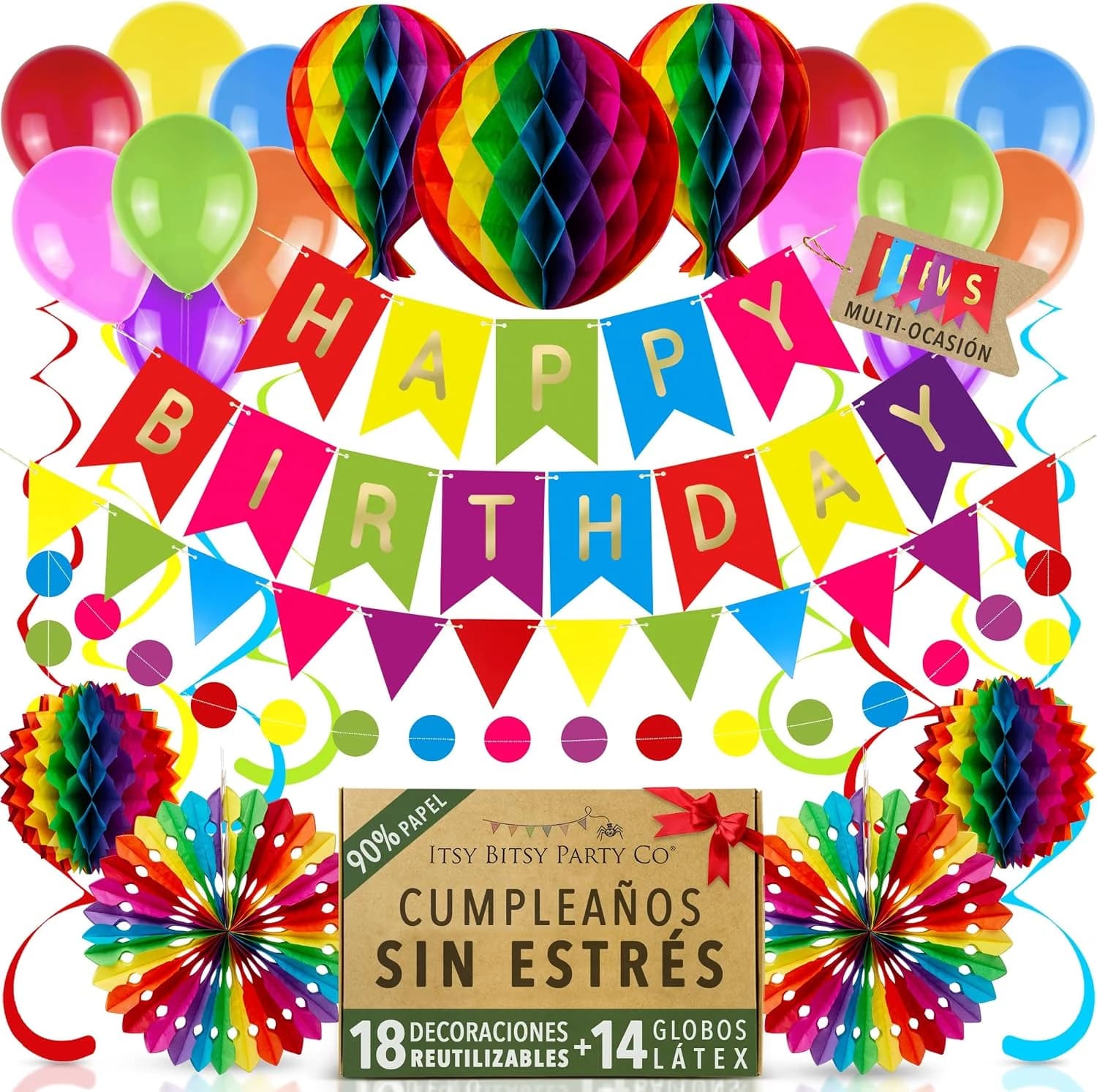Reutilizables Multicolor Kit Decoracion Cumpleaños Niña Globos – Decoración Fiesta Arcoíris, Adornos Cumpleaños con Guirnalda, 32 Piezas Papel Prémium, por Itsy Bitsy Party Co.