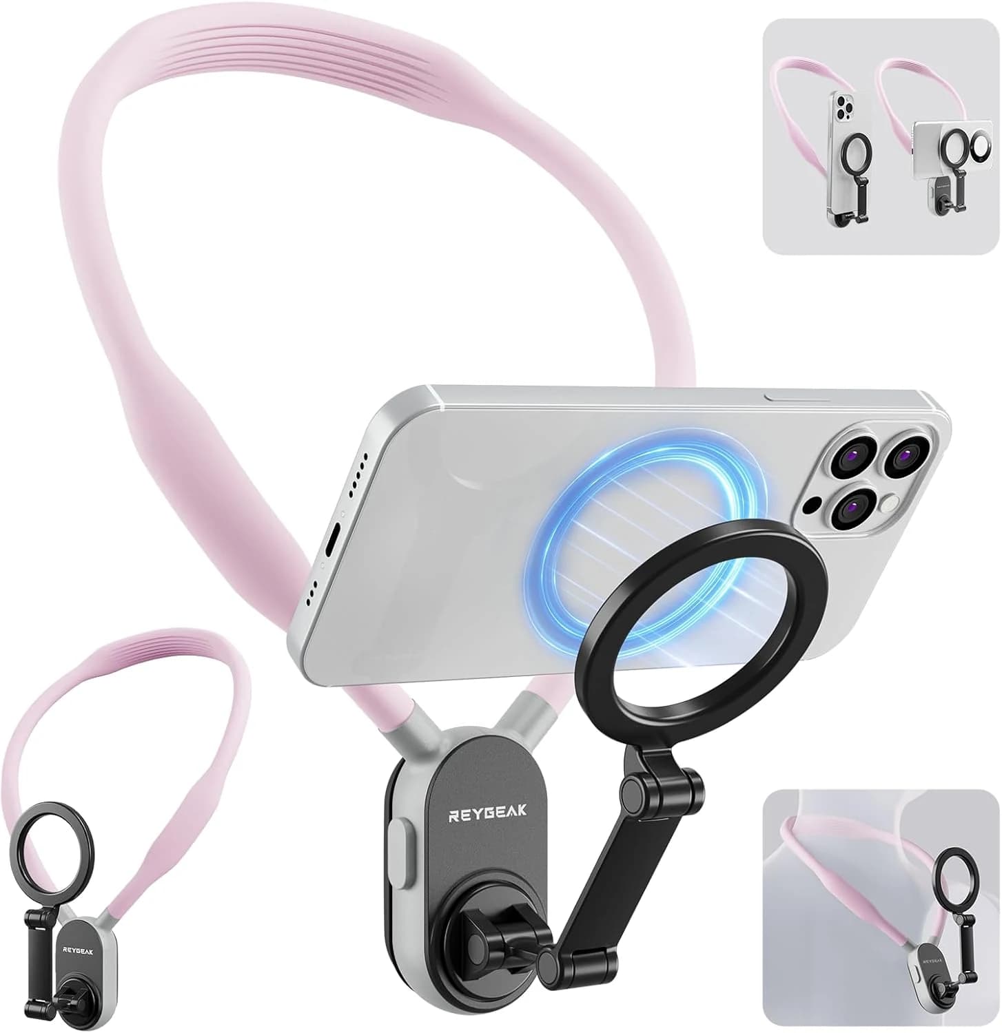 REYGEAK Soporte magnético para teléfono Celular, Collar de grabación POV/Vlog, cordón para Selfie, Soporte para teléfono para iPhone 15, 14, 13, 12 Pro Mini/Plus/Pro/Pro MAX y Samsung Android (Rosa)