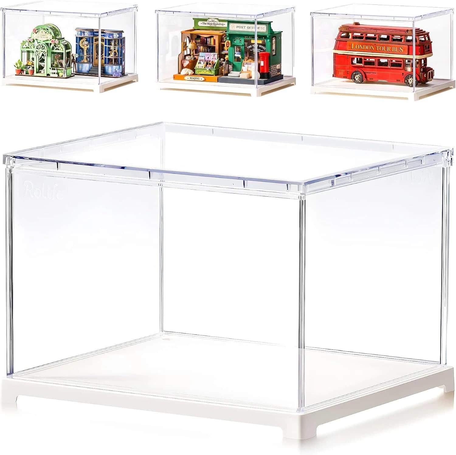 Rolife Vitrina de Acrílico DF04L - Vitrina Antipolvo con Puerta & Puerto de Cable, 8,78×7,60×6,06 Pulgadas, Apta para Casas en Miniatura, Blind Boxes, Pop Figuras & Coleccionables