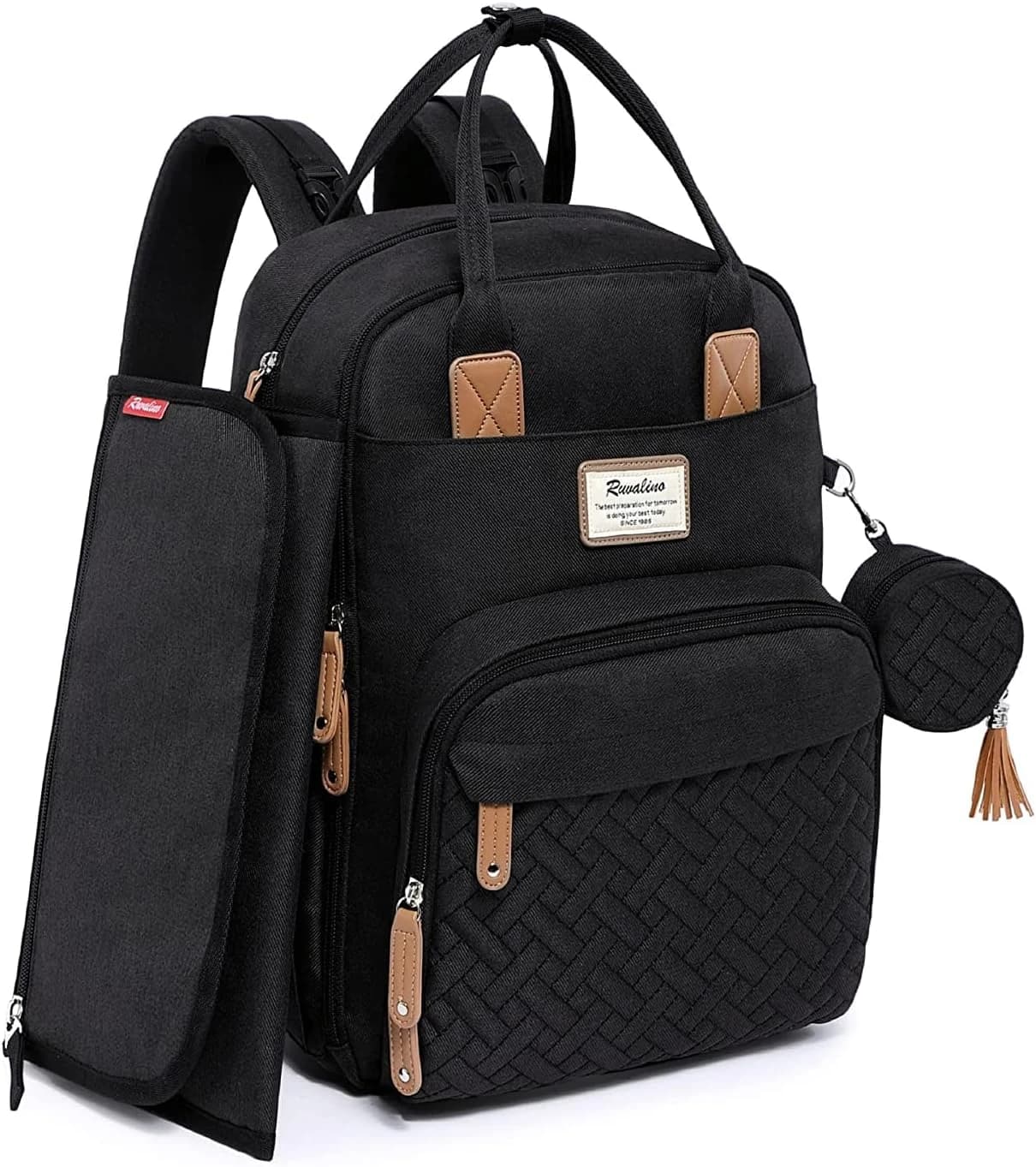 RUVALINO Mochila para Pañales, Bolso Cambiador Bebé con Esterilla Portátil, Portachupetes y Correas para el Cochecito, Bolso de Viaje Impermeable Multifuncional para Mamá y Papá