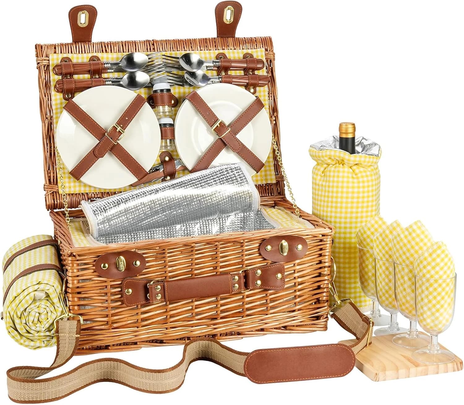 Set de Cesta de Picnic de Mimbre para 4 Personas con Compartimento Térmico y Manta Impermeable, Correa Extraíble, Bolsa para Vino, Cubiertos, Ideal para Camping, Playa, Senderismo, Parejas (Amarillo)