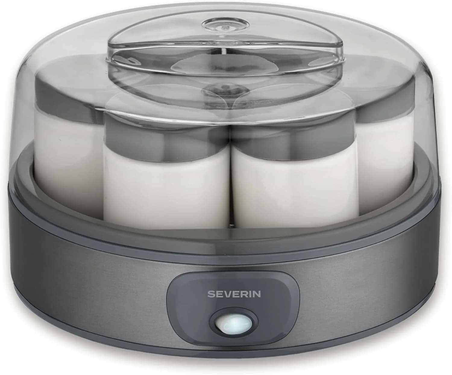 Severin Yogurtera, incluye 7 tarros de yogur de 150 ml para 1 litro de yogur casero, tapa transparente, estilo griego, interruptor basculante, 18 W, acero inoxidable oscuro, JG 3510