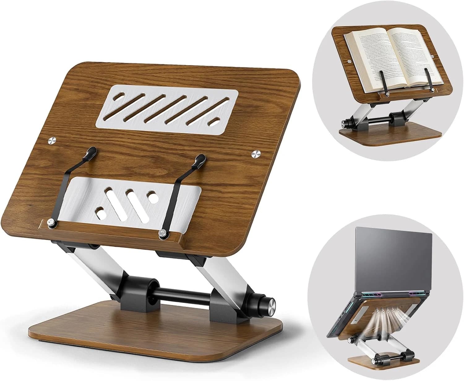 Soporte de madera ajustable para libros de lectura, soporte flexible y plegable de 180° para libros de cocina con clip de página, soporte para exhibición de recetas Book Stand Holder