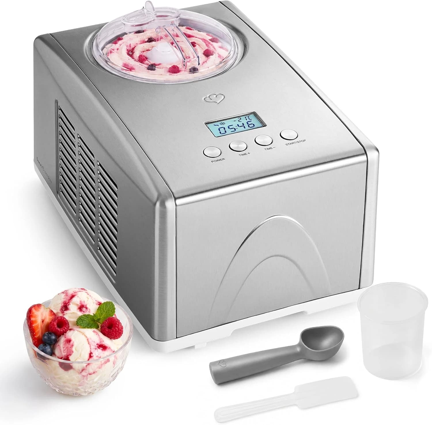 SPRINGLANE Máquina para hacer helados caseros EMMA, Ice cream maker, Heladera con compresor 1,5 l, recipiente extraíble y pantalla LCD + Libro de recetas