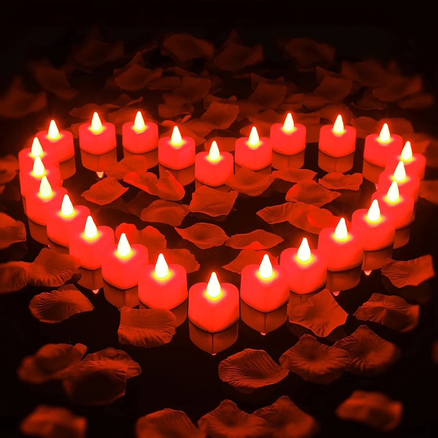 Sumind 1000 Piezas Pétalos de Rosa Falsos Artificiales y 24 Velas LED sin Llama en Forma de Corazón Velas LED de Amor Romántico para Romántico Aniversario Bodas Día de San Valentín (Rojo)