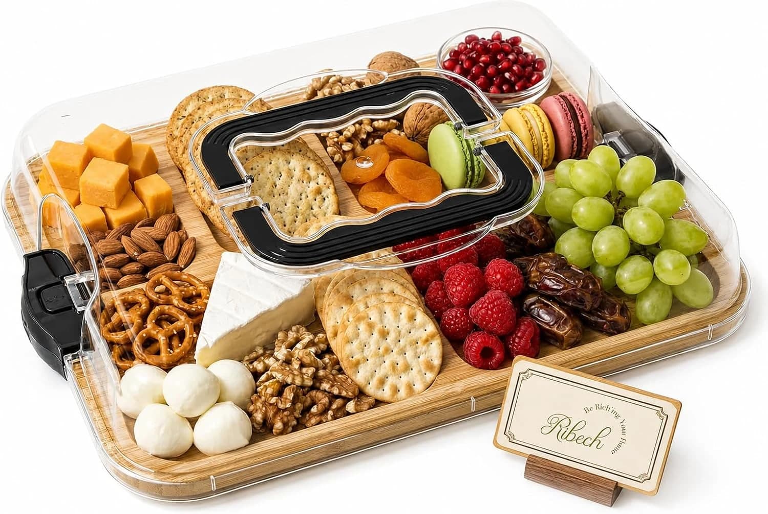 Tabla de Charcutería con Tapa – Bandeja para Quesos Portátil con 6 Compartimentos, Tabla de Madera de Bambú – Ideal para Picnic, Brunch y Viajes