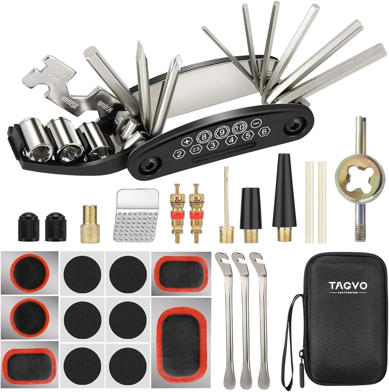 Tagvo Kit de herramientas para bicicleta, 16 en 1 Herramienta multifunción para bicicleta con kit de parche y palancas para neumáticos,Kit de Herramientas de Reparación de Neumáticos para Bicicletas