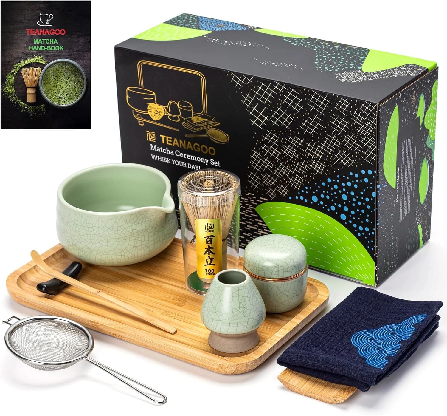 TEANAGOO Juego de batidores de matcha, batidor de matcha de bambú (chasen), cuchara (chashaku), soporte para batidor de matcha, juego de preparación de té, kit de té verde en polvo, bandeja de