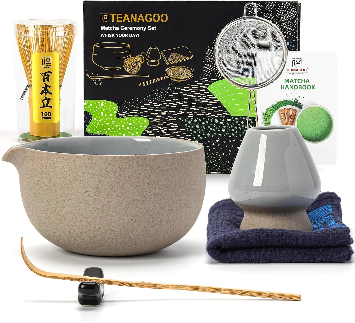 TEANAGOO Juego de té japonés (7 piezas), juego de batidor Matcha, cuenco Matcha con pico, batidor Matcha de bambú (Chasen), pala (Chashaku), juego para preparar té. N2, gris más oscuro…