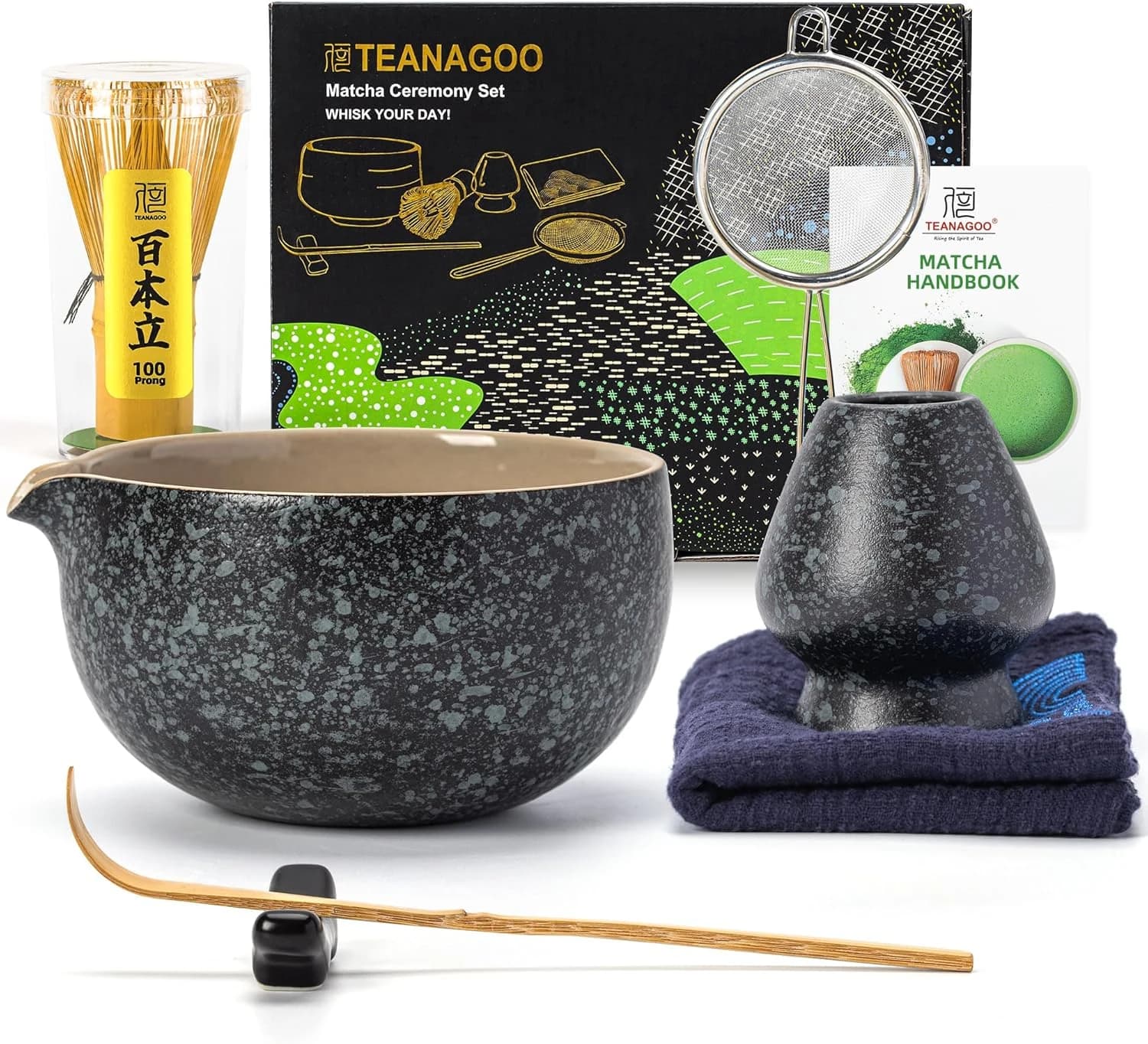 TEANAGOO Matcha Kit (7 piezas) Juego de batidor de matcha Tazón de matcha con pico Batidor de matcha de bambú (chasen) Cuchara (chashaku) Soporte para. N17