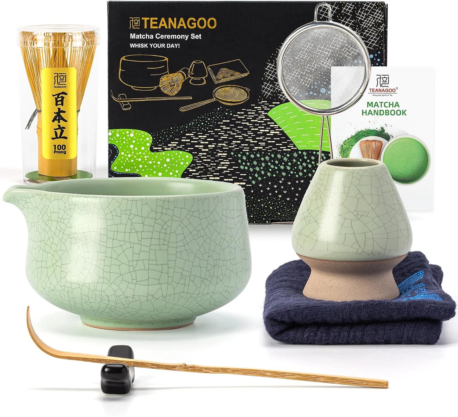 TEANAGOO Matcha Kit, juego de 7 piezas, kit de matcha para ceremonia, juego de té matcha para hacer desayuno/latte, cuenco matcha verde (chawan) con boquilla y batidor, regalo para