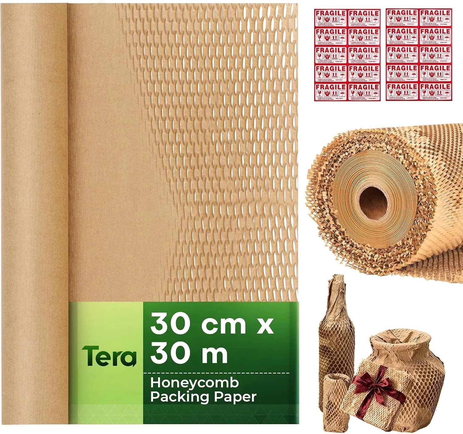 Tera Panal Embalaje Rollo Kraft: 30 cm × 30 m 80 g/m² 1,6× Elástico Reciclable Ecológico Alternativa a Burbuja para Embalar Envíos Regalos con 20 Pegatinas Frágiles