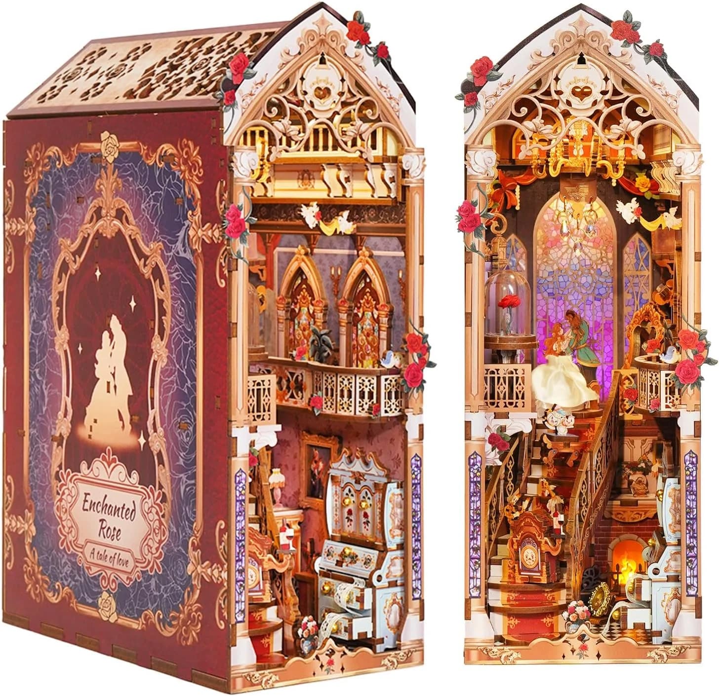 Tonecheer Book Nook Kit Rincón de Libros para Adultos, Rompecabezas 3D de Madera, Casa Miniatura con Cubierta Antipolvo y Luces LED(Rosa Encantada)