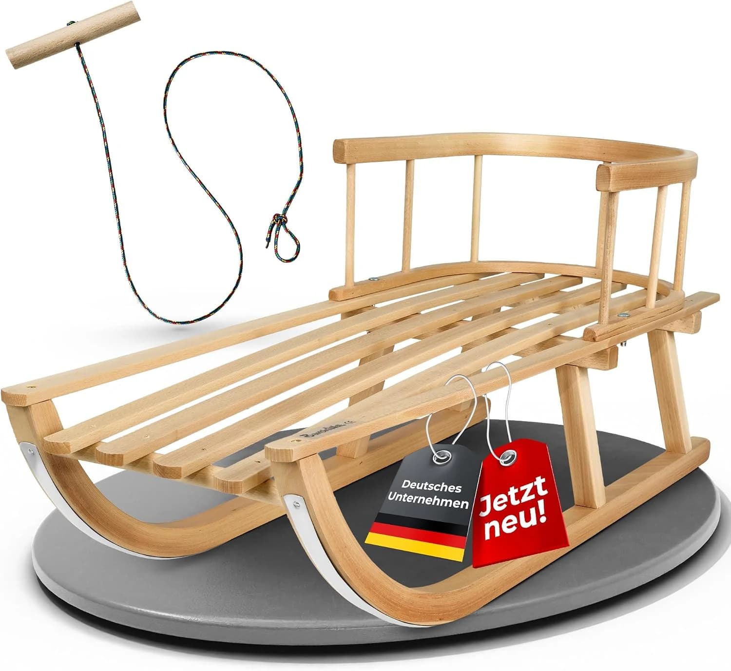 Trineo infantil de 90 cm con respaldo – Trineo de madera de haya maciza – Trineo de nieve Davoser con correa y mango – robustos patines con herrajes de acero de deslizamiento suave