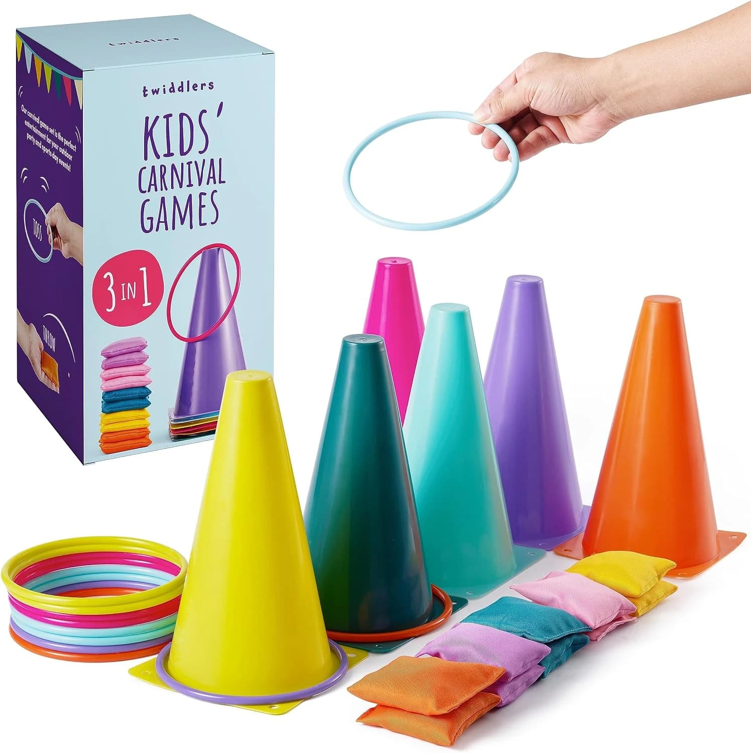 THE TWIDDLERS Juegos de Exterior para Niños 3 en 1 con Anillas, Sacos de Lanzamiento y 6 Conos, Set de 26 Piezas para Jugar en el Jardín, el Parque o la Playa, Cumpleaños