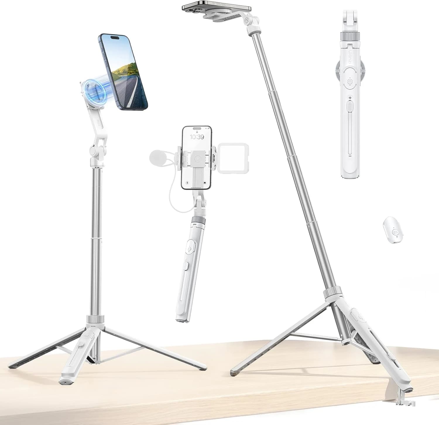 ULANZI TT88 145 cm Overhead Selfie Stick, Multifuncional magnético y de sujeción 2 en 1, Palo Selfie Trípode Blanco para Móvil y Cámara con Control Remoto