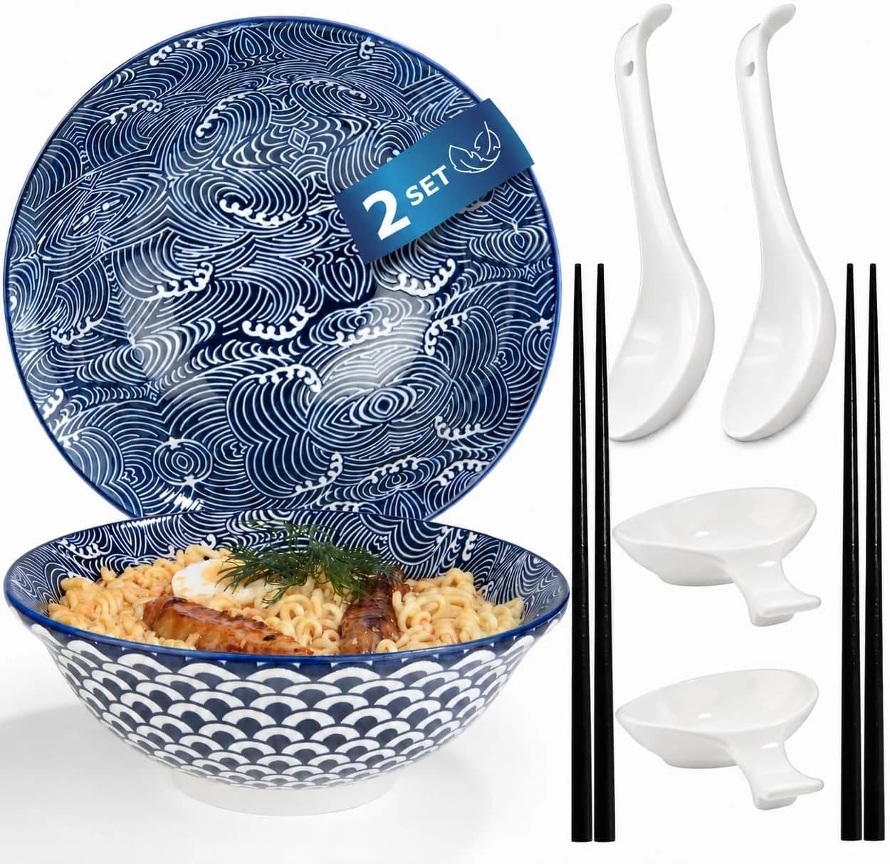 Urban Lifestyle Set Cuencos Ramen y Udon para 2 Personas Vajilla Asiática de Porcelana Ø 20,5 cm 1000 ml con Cucharas Ramen, Cuencos para Salsas y Palillos Japoneses – Estilo Japonés