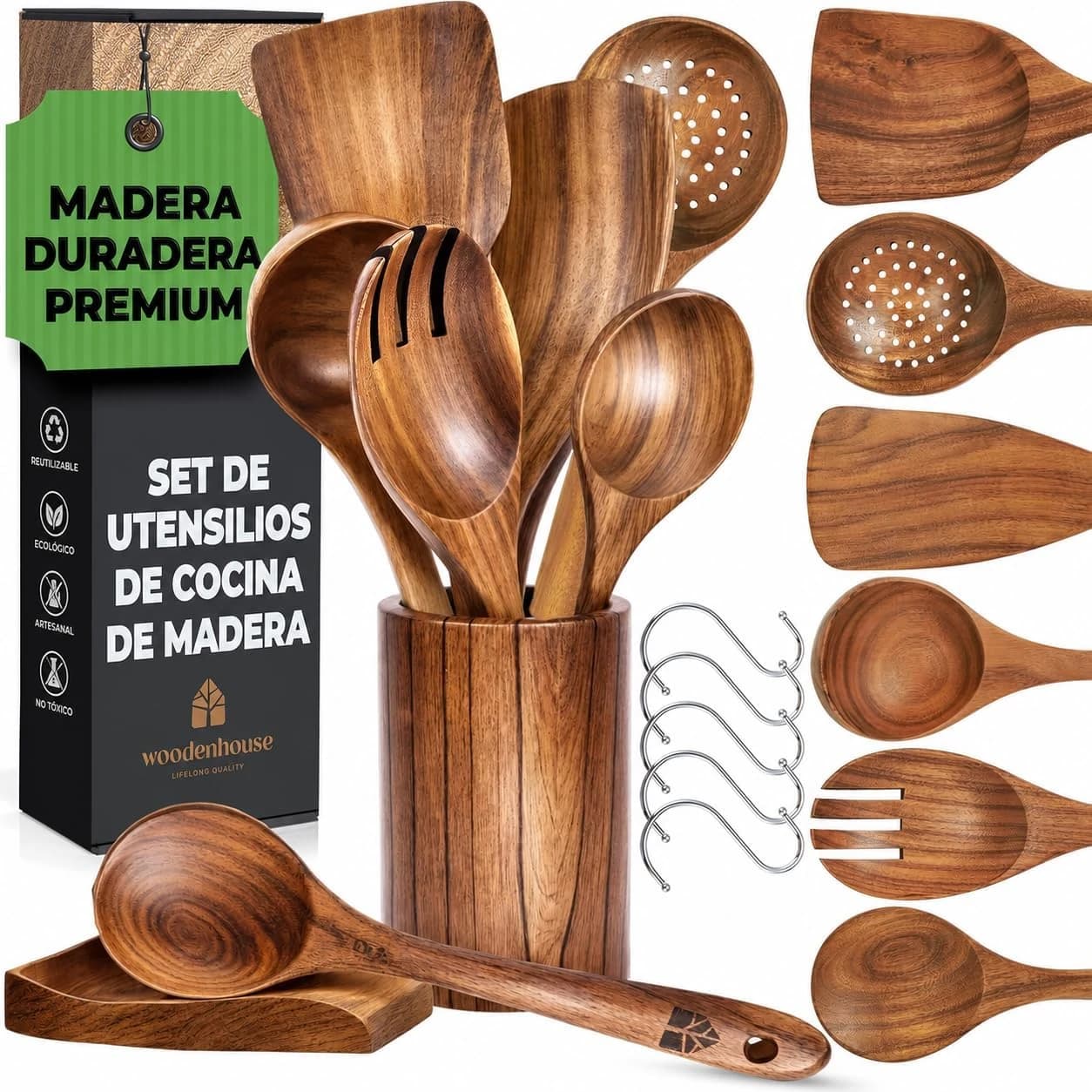 Utensilios de Cocina Madera 8 Pzs - Set de Espátulas y Cucharas de Madera, con Soporte, Reposacucharas y Ganchos. Antiarañazos. Accesorios Cocina con Agarre Cómodo para Sartenes Antiadherentes