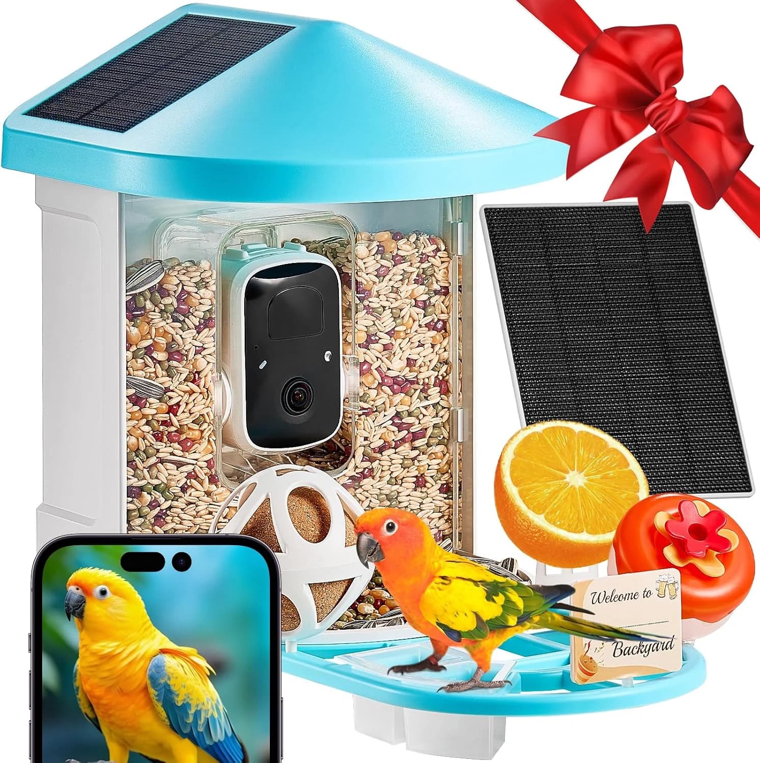 VEVOR Comedero Inteligente para Pájaros con Cámara 2K HD AI Identifica de Aves 3 Paneles Solares Cámara de Observación de Aves con Captura Automática y Notificación Instantánea para Exterior, Azul