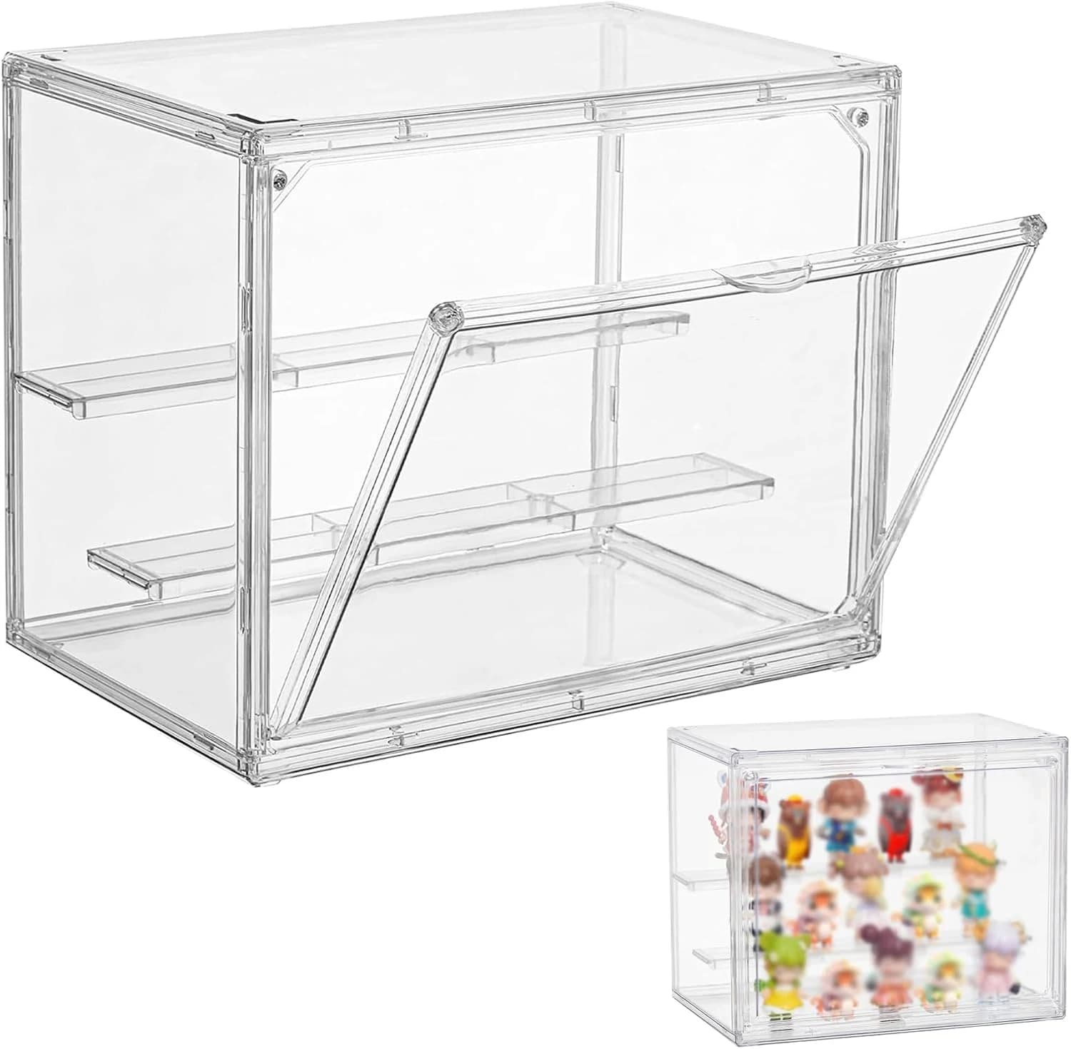Vitrina de acrílico, 3 capas, caja de acrílico transparente, caja de almacenamiento apilable, pequeña con puerta magnética, vitrina coleccionable para caja ciega, coches modelo, figuras