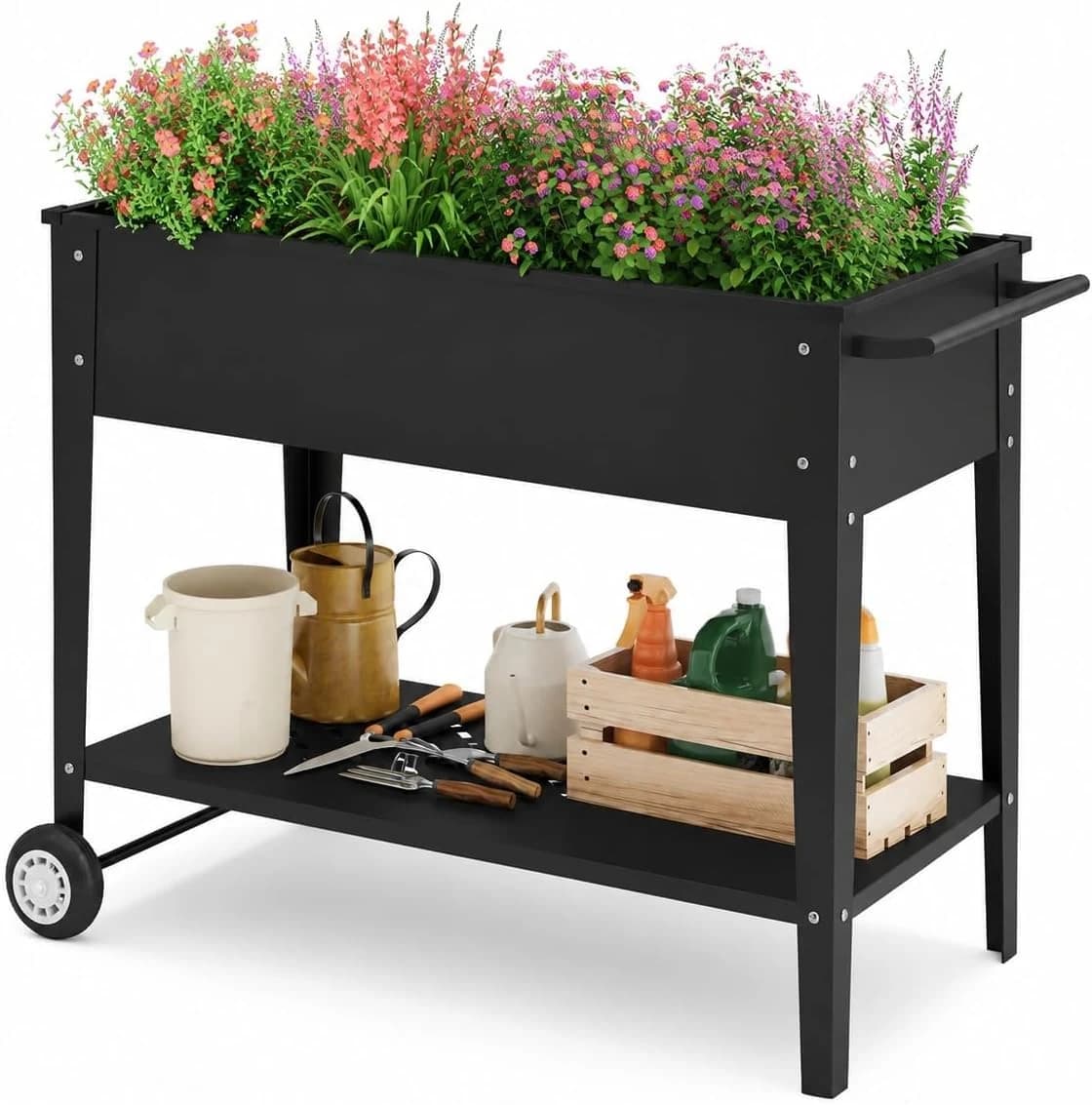 Xbro Huerto Urbano con Ruedas y Estante Inferior, Jardinera Elevada de Metal para Plantas, Flores y Verduras, Macetero Móvil para Terraza, Balcón y Jardín, 104 x 41 x 80 cm, Negro