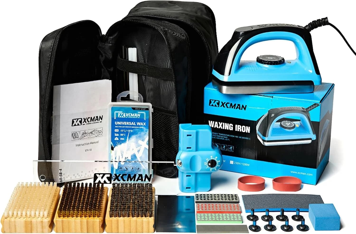 XCMAN Kit Completo de Afilado y Encerado para Esquí y Snowboard con Plancha de Encerado, Cera para Esquí, Afilador de Borde Lateral, Reparación de Base Ptex, Piedra Goma, Piedras de Diamante para