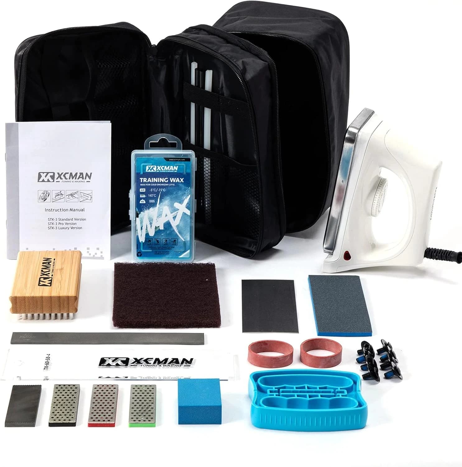 XCMAN Kit Completo de Afinación y Depilación para Esquí y Snowboard con Plancha de Encerar, Cera para Esquí, Afinador de Borde Lateral, Reparación de Base Ptex, Piedra Gomosa, Piedras de Diamante para