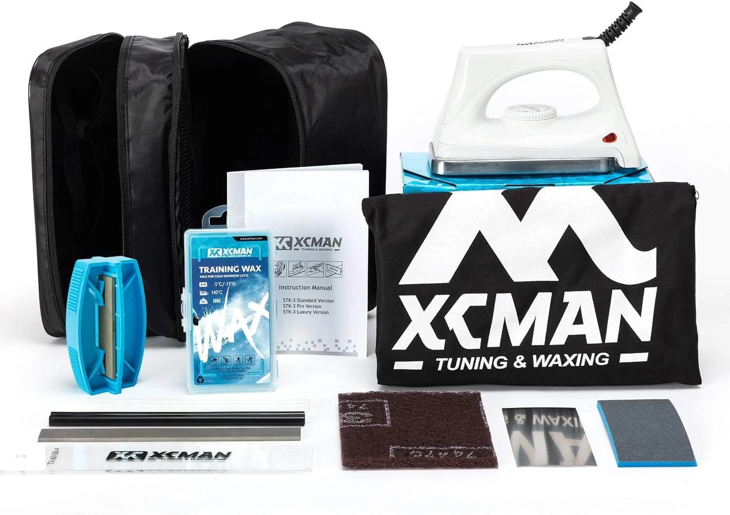 XCMAN Kit Completo de afinado y Encerado de esquís y Snowboard con Plancha de Encerado, Cera Universal, afinador de Cantos, Cepillo, rascador de Cera, Ptex