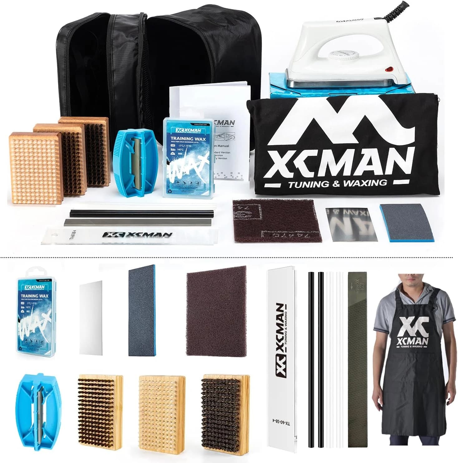 XCMAN Kit Completo de afinado y Encerado de esquís y Snowboard con Plancha de Encerado, Cera Universal, afinador de Cantos, Cepillo, rascador de Cera, Ptex