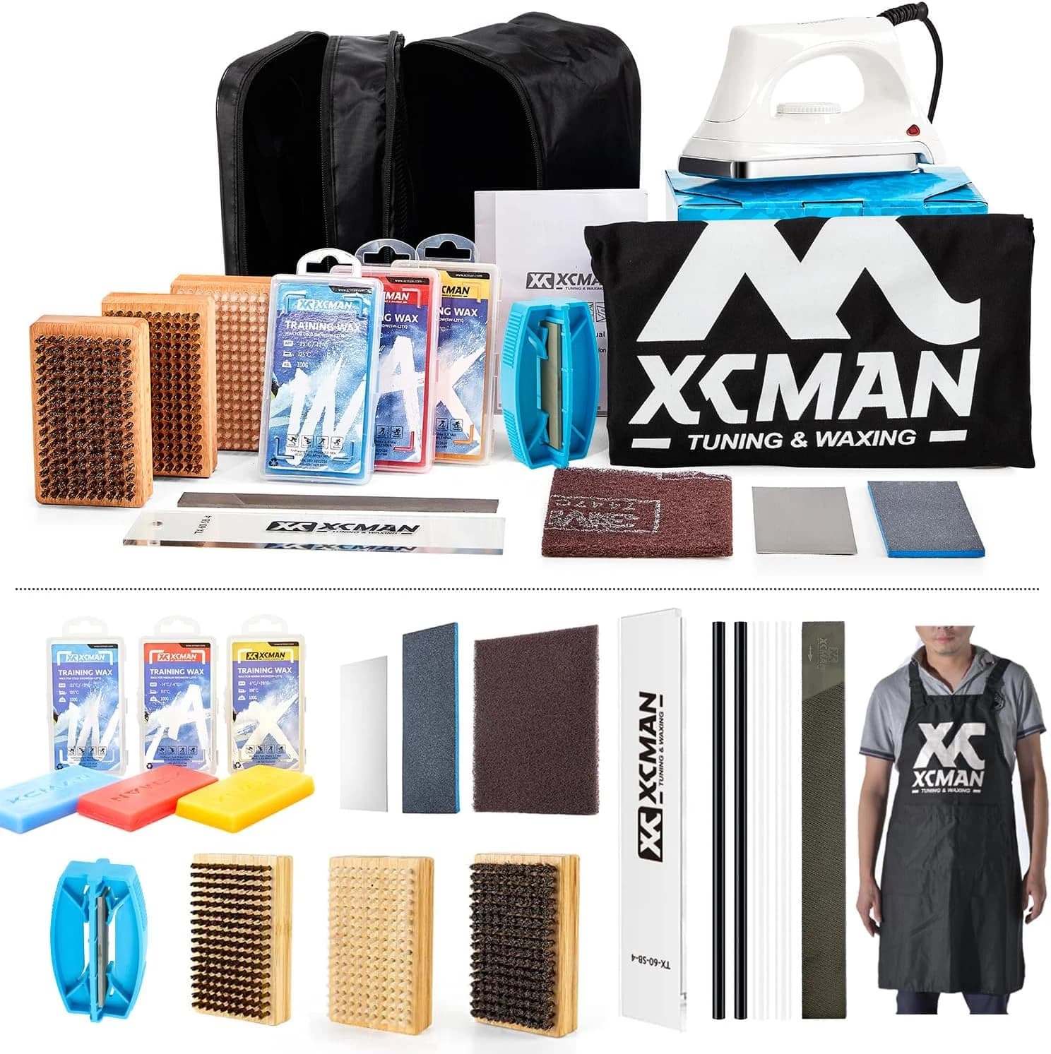 XCMAN Kit Completo de afinado y Encerado de esquís y Snowboard con Plancha de Encerado, Cera Universal, afinador de Cantos, Cepillo, rascador de Cera, Ptex