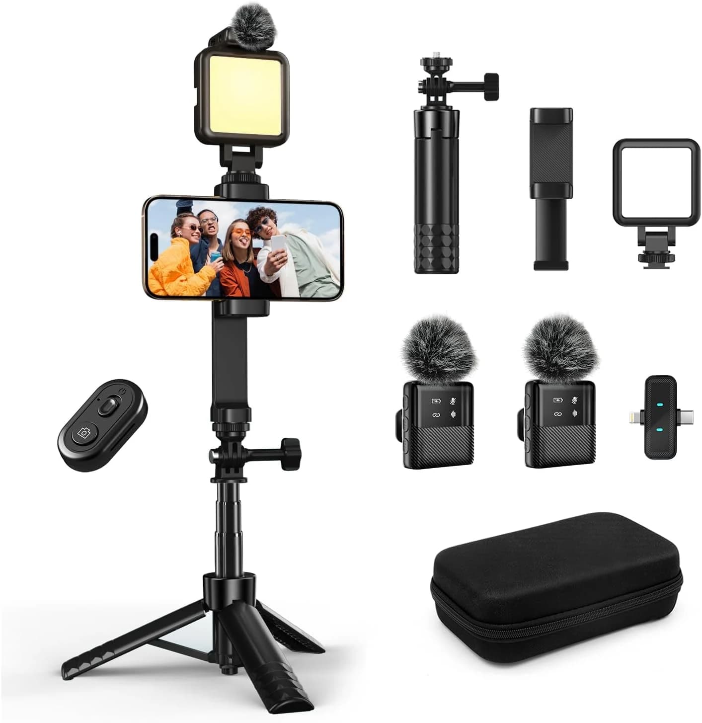 yAyusi Kit Vlogging para iPhone, Kit para Youtubers, Incluir Trípode 2 en 1, Luz LED, Micrófono con Estuche de Almacenamiento, Ideal para Entrevistas Callejeras y Grabación de Vlog