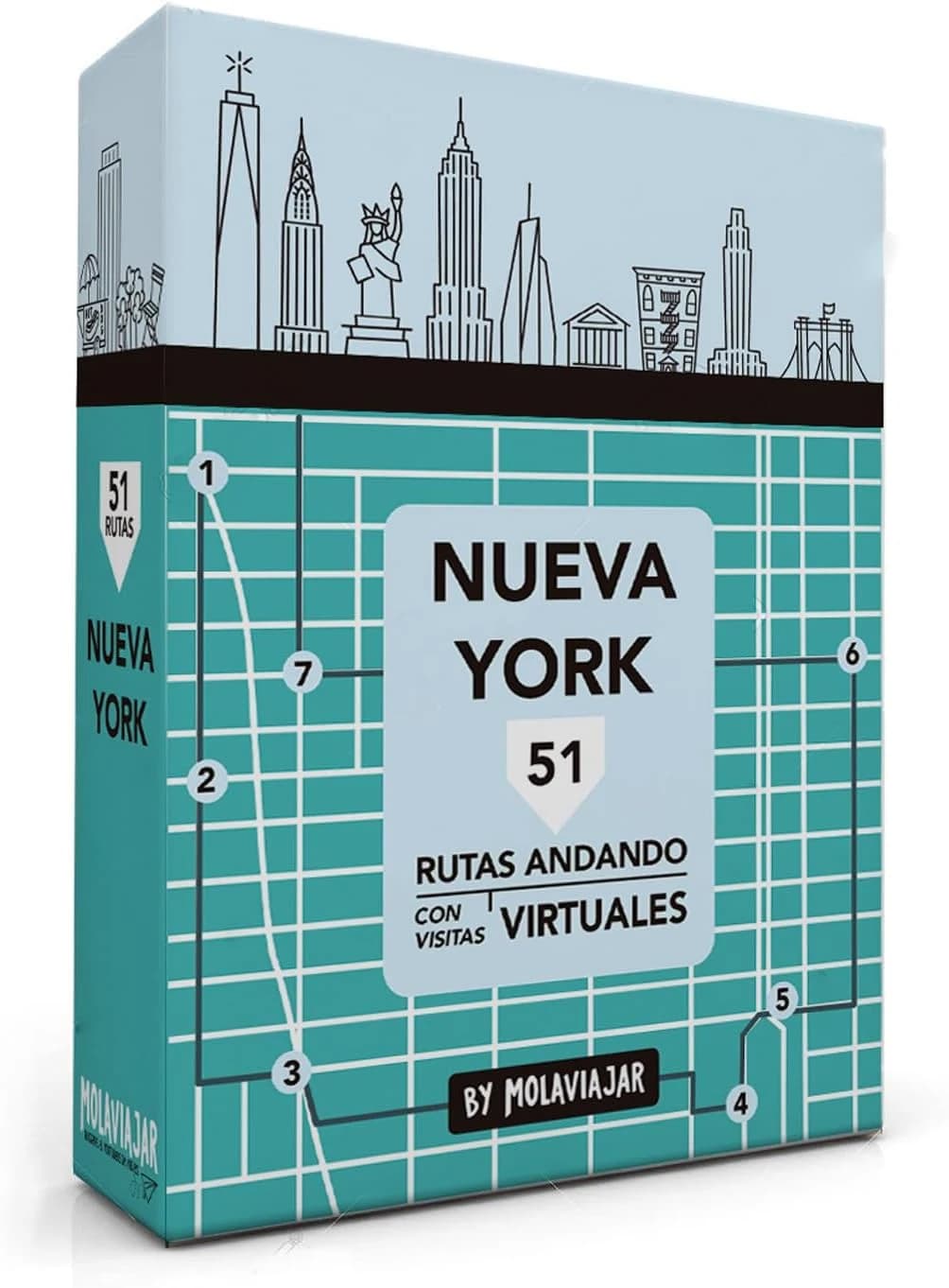 Nueva York 51 rutas andando con visitas virtuales, 51 tarjetas con su ruta, mapa y vídeo exclusivo. Tamaño 13 x 9 x 3,5 cm