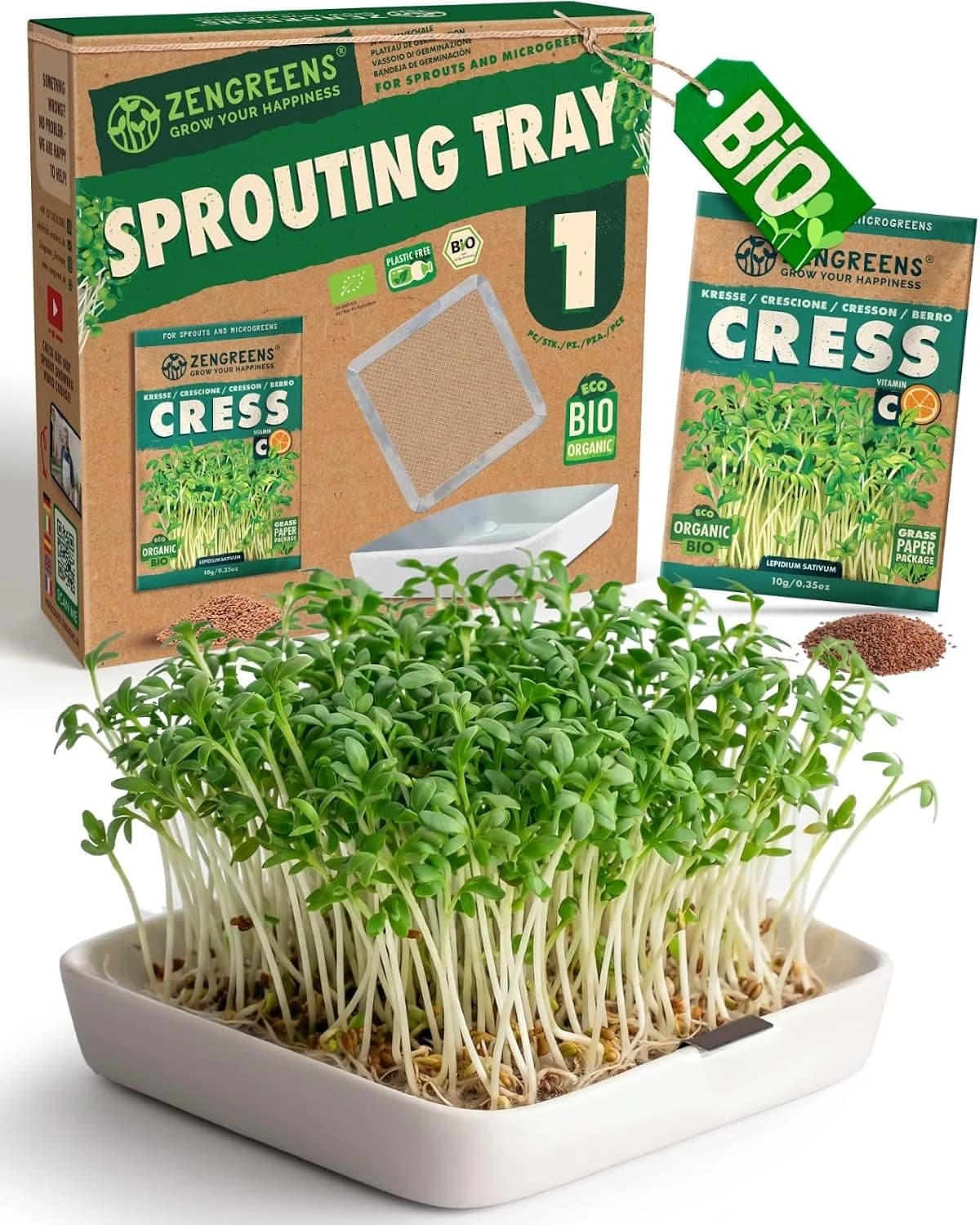 zengreens® Bandeja de germinación Bio - Set de 1 - Plato germinador con Rejilla - Incluye: Bandeja y Semillas (Berro)
