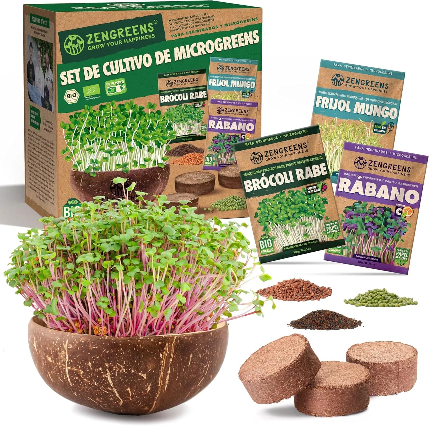 ZenGreens® Set de cultivo de microgreens eco - incl. cáscara de coco y 3 tipos de semillas - kit de germinación - alternativa a la germinador de semillas