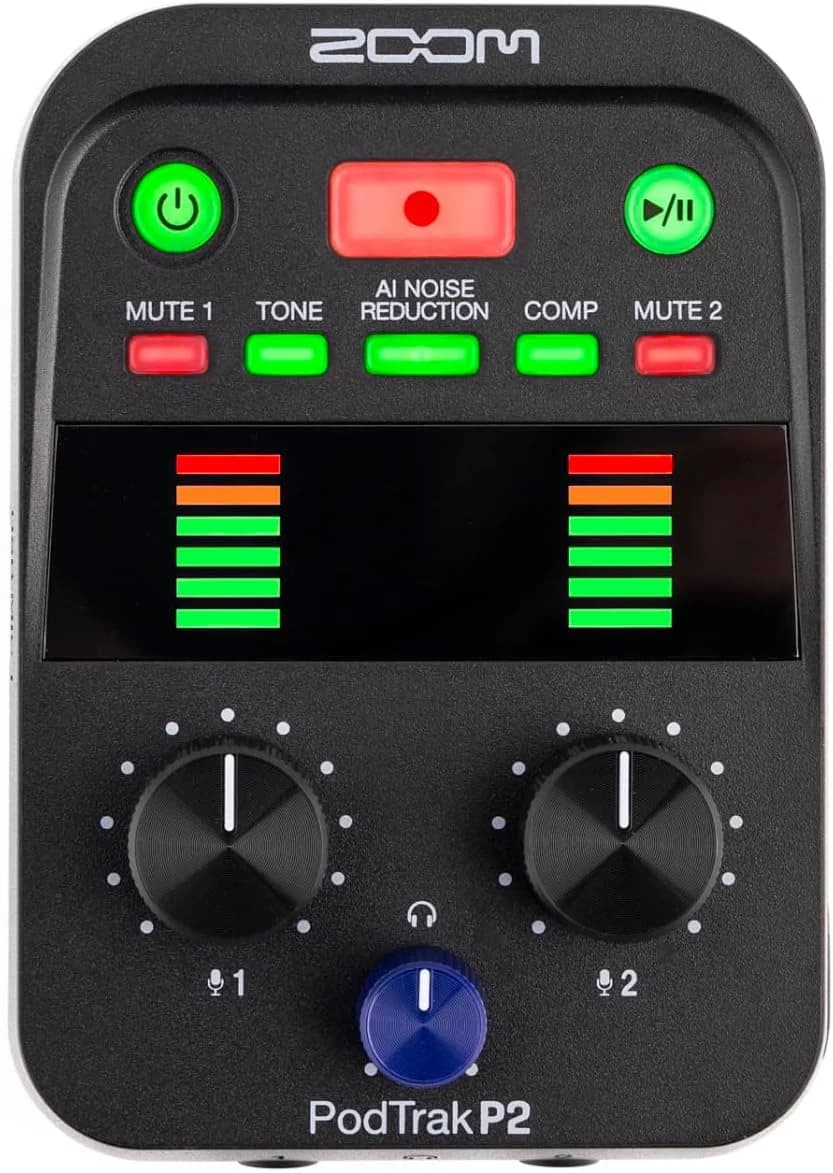 Zoom Grabadora de podcasts portátil P2 PodTrak e Interfaz de Audio USB | Mezclador de podcasting e Interfaz para grabación de Podcast móvil en Calidad de transmisión | 2 entradas de micrófono USB |