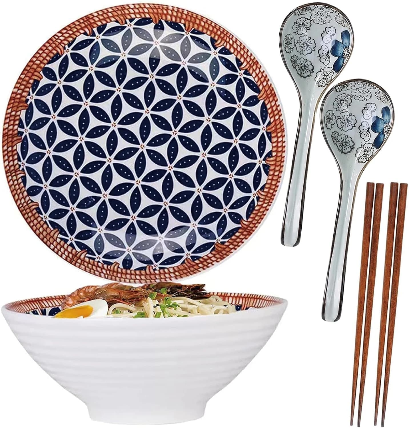 ZPPLD 2set 8 Pulgadas Bol Grande para Ramen de Cerámica 1100 ml, Cuenco Japonés Cerámica Ramen,Cuchara y Palillos para Ramens, Fideos y Sopas,Apto para lavavajillas y microondas